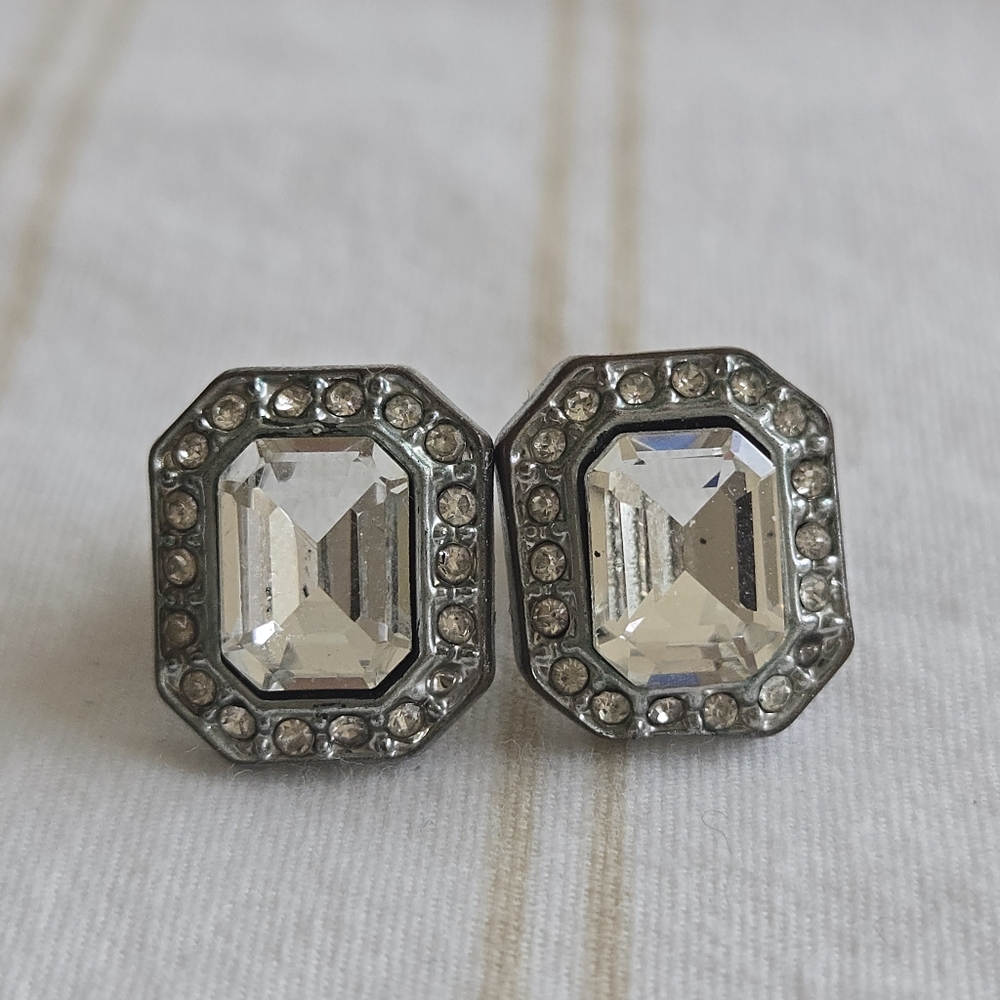 Elegant Silver Crystal Stud Earrings Art Deco Vintage